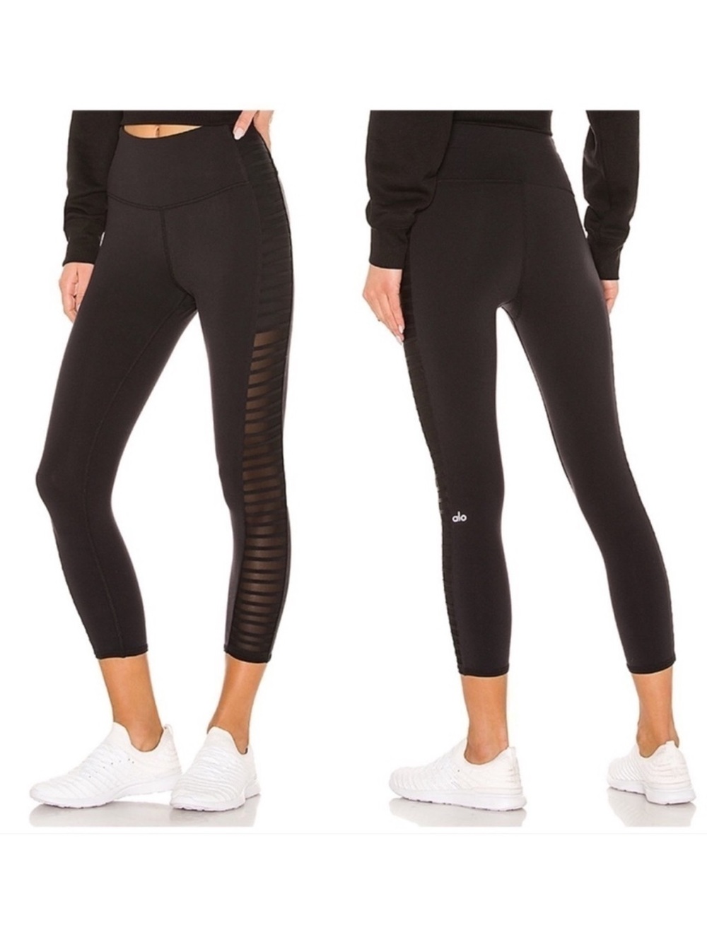 ALO Yoga Black High-Rise Capri Leggings with Mesh Side Panels
